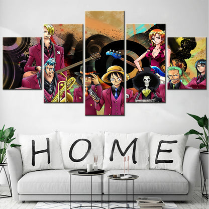 One Piece Canvas Wall Art - Luffy Zoro Sanji Straw Hat Crew 5 Piece Split Panel Anime Poster - Framed Ready to Hang Living Room & Man Cave Decor - OP5111