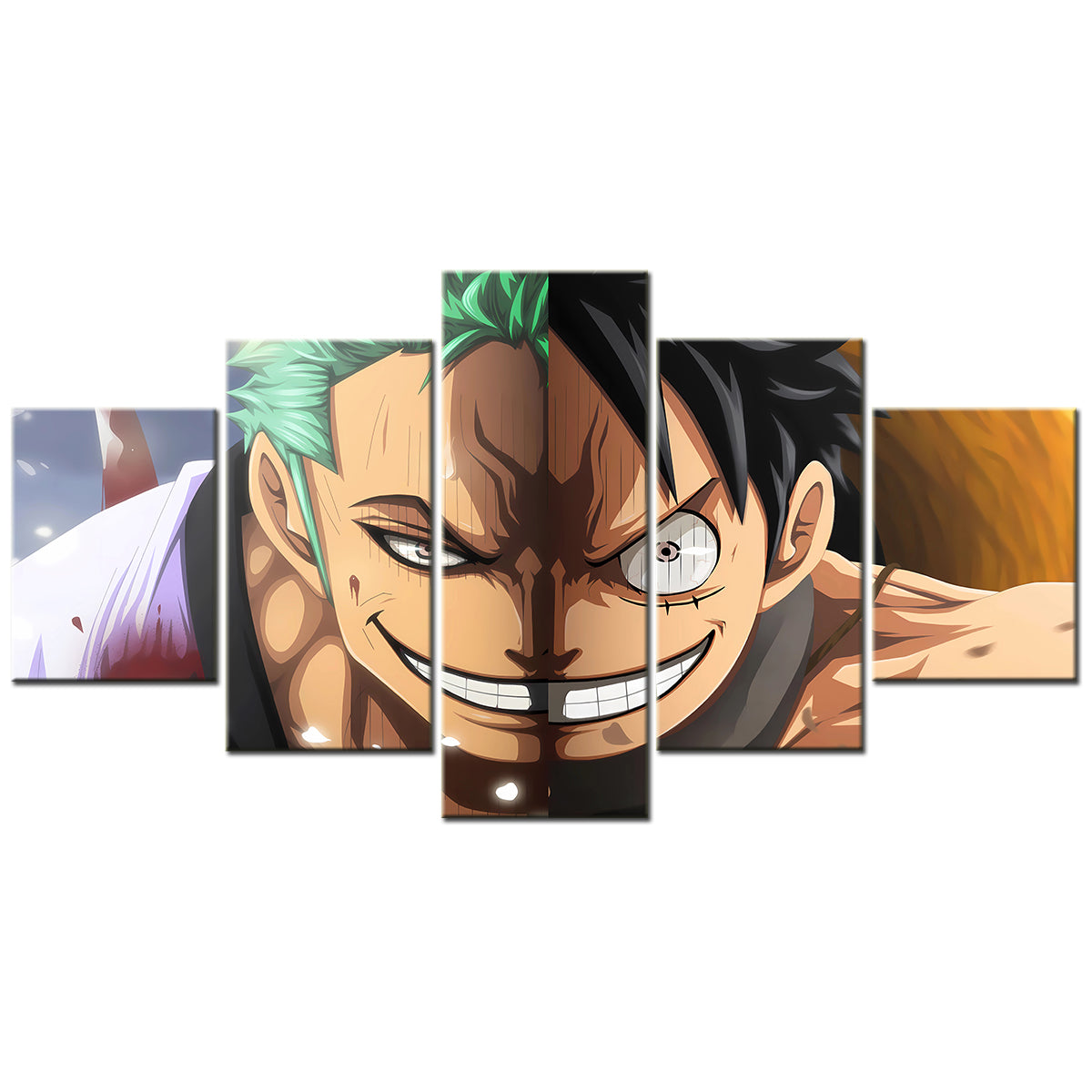 One Piece Canvas Wall Art - Luffy & Zoro Three Sword Style 5 Piece Split Panel Anime Poster - Framed Ready to Hang Living Room & Man Cave Decor - OP5112