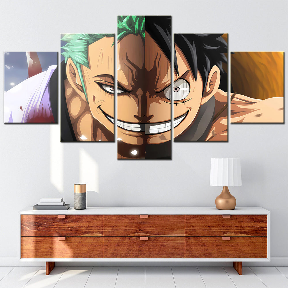 One Piece Canvas Wall Art - Luffy & Zoro Three Sword Style 5 Piece Split Panel Anime Poster - Framed Ready to Hang Living Room & Man Cave Decor - OP5112