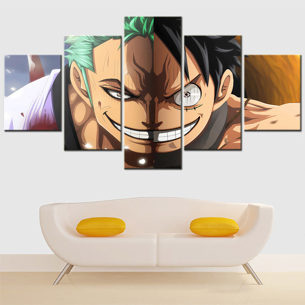 One Piece Canvas Wall Art - Luffy & Zoro Three Sword Style 5 Piece Split Panel Anime Poster - Framed Ready to Hang Living Room & Man Cave Decor - OP5112