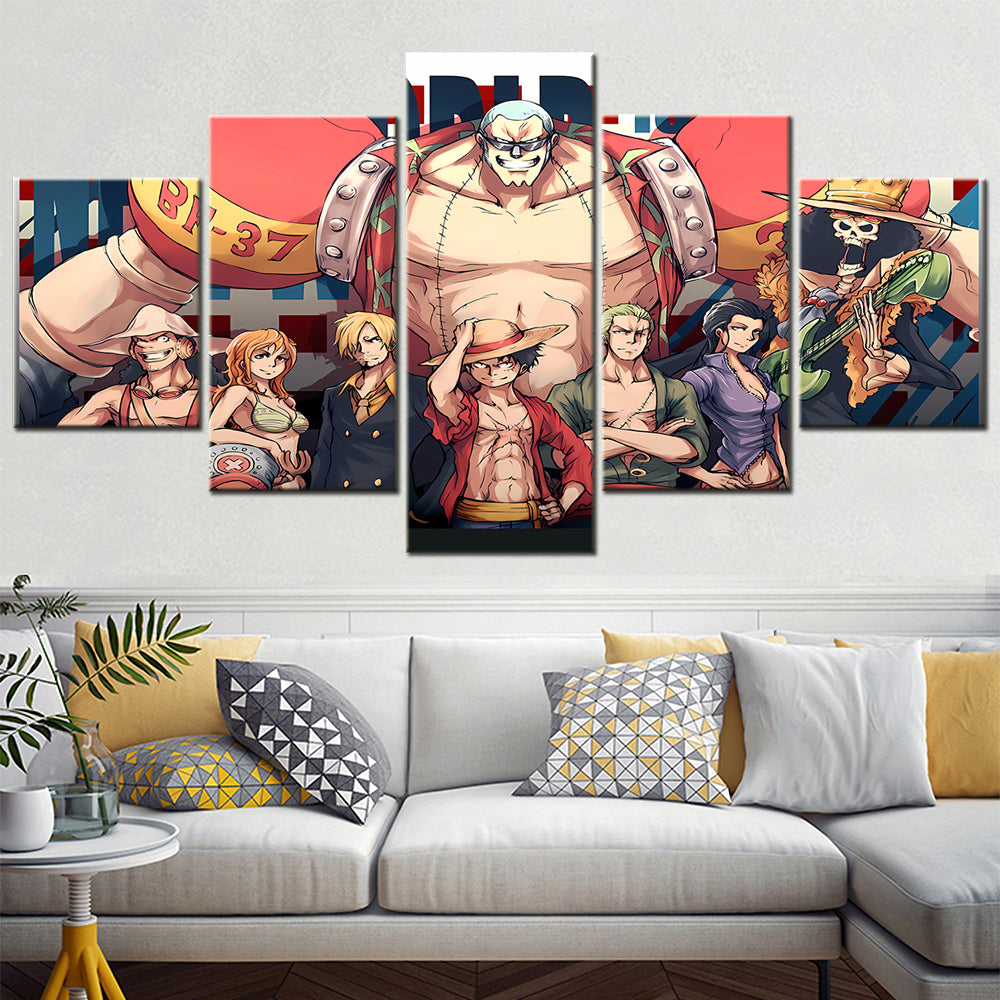 One Piece Canvas Wall Art - Luffy Zoro Sanji Straw Hat Crew 5 Piece Split Panel Anime Poster - Framed Ready to Hang Living Room & Man Cave Decor - OP5114