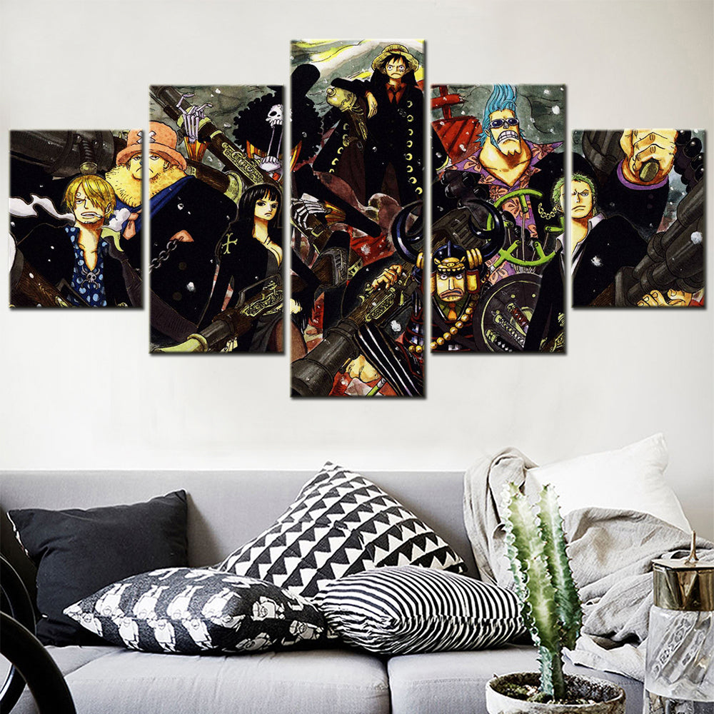 One Piece Canvas Wall Art - Luffy Zoro Sanji Straw Hat Crew 5 Piece Split Panel Anime Poster - Framed Ready to Hang Living Room & Man Cave Decor - OP5115