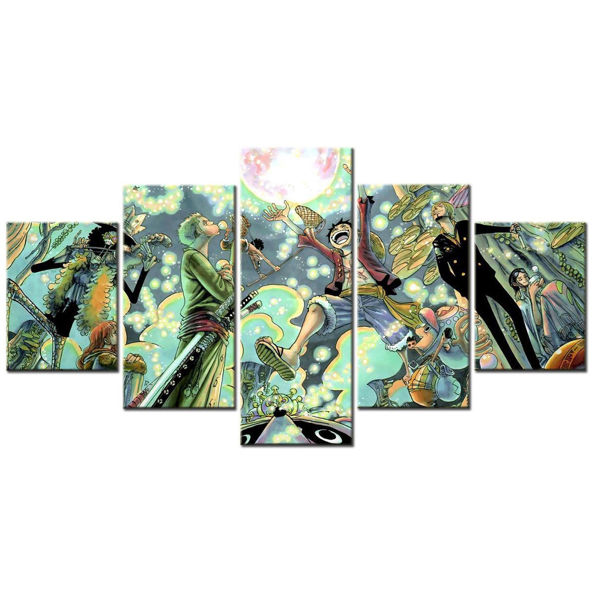 One Piece Canvas Wall Art - Luffy Zoro Sanji Straw Hat Crew 5 Piece Split Panel Anime Poster - Framed Ready to Hang Living Room & Man Cave Decor - OP5116