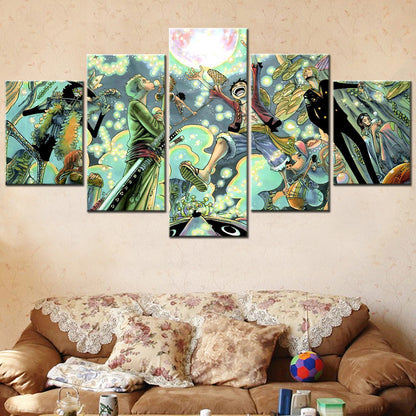 One Piece Canvas Wall Art - Luffy Zoro Sanji Straw Hat Crew 5 Piece Split Panel Anime Poster - Framed Ready to Hang Living Room & Man Cave Decor - OP5116