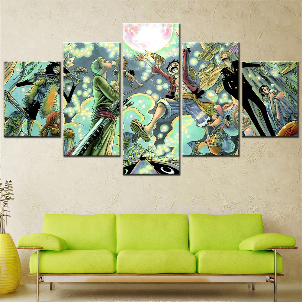 One Piece Canvas Wall Art - Luffy Zoro Sanji Straw Hat Crew 5 Piece Split Panel Anime Poster - Framed Ready to Hang Living Room & Man Cave Decor - OP5116