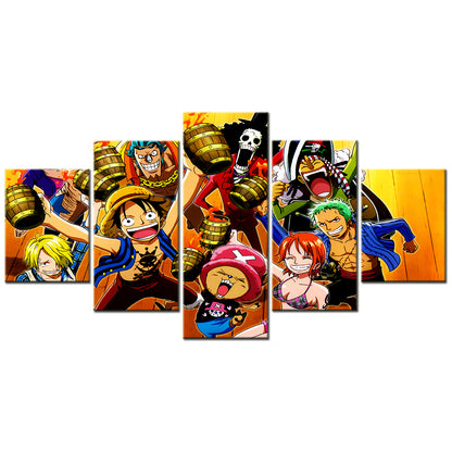 One Piece Canvas Wall Art - Luffy Zoro Sanji Straw Hat Crew 5 Piece Split Panel Anime Poster - Framed Ready to Hang Living Room & Man Cave Decor - OP5117