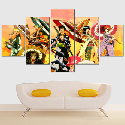 One Piece Canvas Wall Art - Luffy Zoro Sanji Straw Hat Crew 5 Piece Split Panel Anime Poster - Framed Ready to Hang Living Room & Man Cave Decor - OP5118