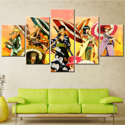 One Piece Canvas Wall Art - Luffy Zoro Sanji Straw Hat Crew 5 Piece Split Panel Anime Poster - Framed Ready to Hang Living Room & Man Cave Decor - OP5118