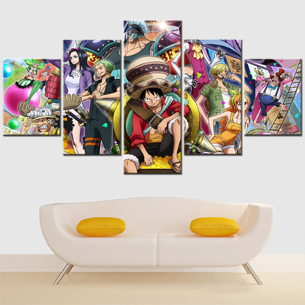 One Piece Canvas Wall Art - Luffy Zoro Sanji Straw Hat Crew 5 Piece Split Panel Anime Poster - Framed Ready to Hang Living Room & Man Cave Decor - OP5119