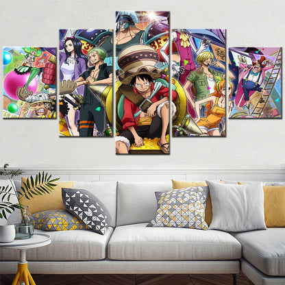 One Piece Canvas Wall Art - Luffy Zoro Sanji Straw Hat Crew 5 Piece Split Panel Anime Poster - Framed Ready to Hang Living Room & Man Cave Decor - OP5119