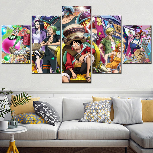 One Piece Canvas Wall Art - Luffy Zoro Sanji Straw Hat Crew 5 Piece Split Panel Anime Poster - Framed Ready to Hang Living Room & Man Cave Decor - OP5119