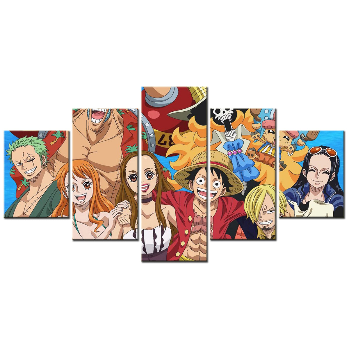 One Piece Canvas Wall Art - Luffy Zoro Sanji Straw Hat Crew 5 Piece Split Panel Anime Poster - Framed Ready to Hang Living Room & Man Cave Decor - OP5120