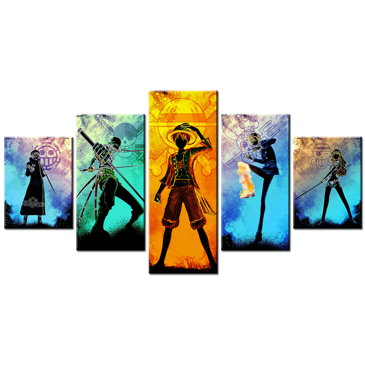 One Piece Canvas Wall Art - Luffy Zoro Law Sanji Nami 5 Piece Split Panel Anime Poster - Framed Ready to Hang Living Room & Man Cave Decor - OP5121