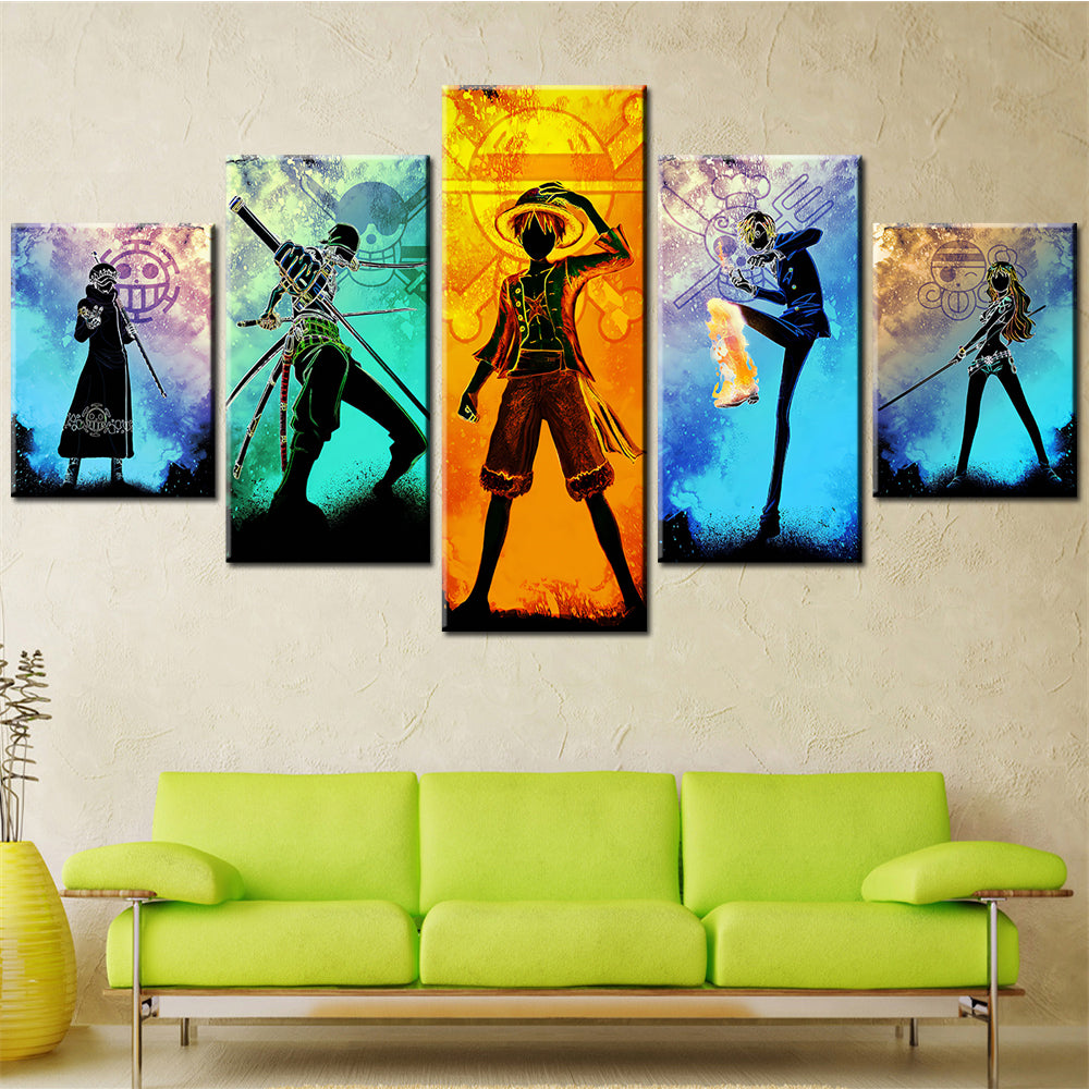 One Piece Canvas Wall Art - Luffy Zoro Law Sanji Nami 5 Piece Split Panel Anime Poster - Framed Ready to Hang Living Room & Man Cave Decor - OP5121