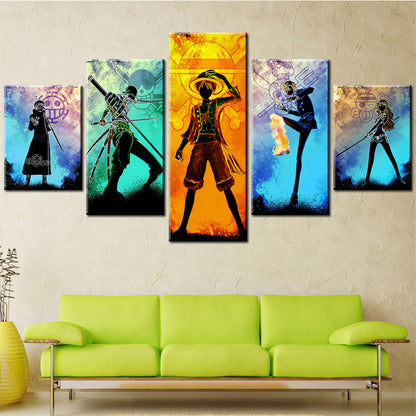 One Piece Canvas Wall Art - Luffy Zoro Law Sanji Nami 5 Piece Split Panel Anime Poster - Framed Ready to Hang Living Room & Man Cave Decor - OP5121