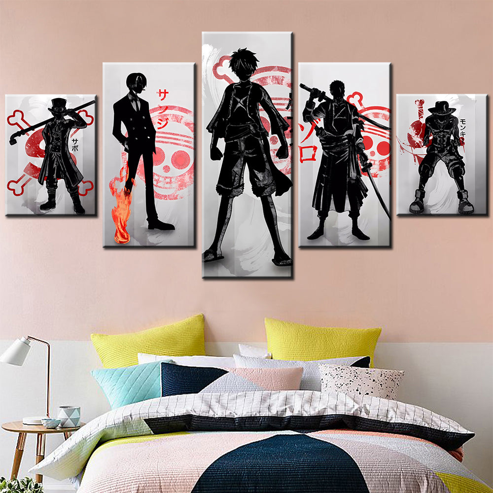 One Piece Canvas Wall Art - Luffy Ace Sabo Zoro Sanji 5 Piece Split Panel Anime Poster - Framed Ready to Hang Living Room & Man Cave Decor - OP5122