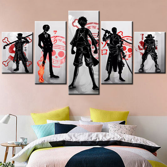 One Piece Canvas Wall Art - Luffy Ace Sabo Zoro Sanji 5 Piece Split Panel Anime Poster - Framed Ready to Hang Living Room & Man Cave Decor - OP5122