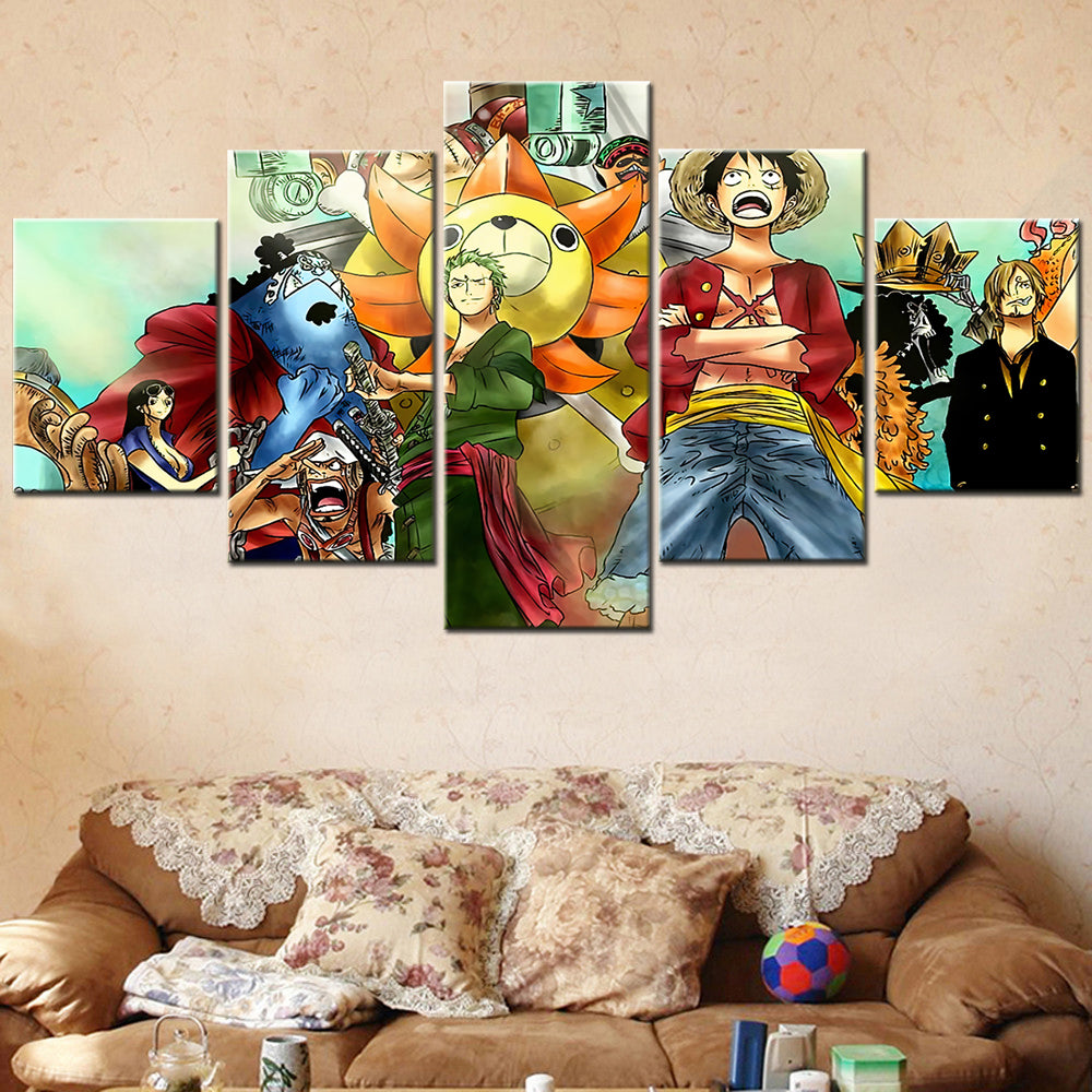 One Piece Canvas Wall Art - Luffy Zoro Sanji Straw Hat Crew 5 Piece Split Panel Anime Poster - Framed Ready to Hang Living Room & Man Cave Decor - OP5125