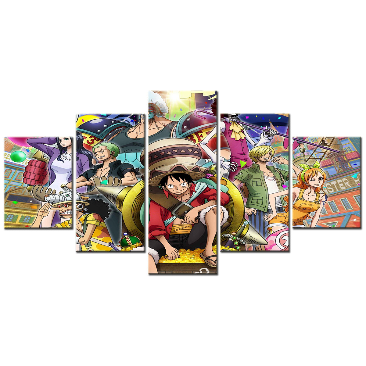 One Piece Canvas Wall Art - Luffy Zoro Sanji Straw Hat Crew 5 Piece Split Panel Anime Poster - Framed Ready to Hang Living Room & Man Cave Decor - OP5126