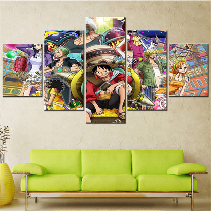One Piece Canvas Wall Art - Luffy Zoro Sanji Straw Hat Crew 5 Piece Split Panel Anime Poster - Framed Ready to Hang Living Room & Man Cave Decor - OP5126