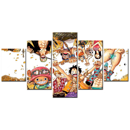 One Piece Canvas Wall Art - Luffy Zoro Sanji Straw Hat Crew 5 Piece Split Panel Anime Poster - Framed Ready to Hang Living Room & Man Cave Decor - OP5128
