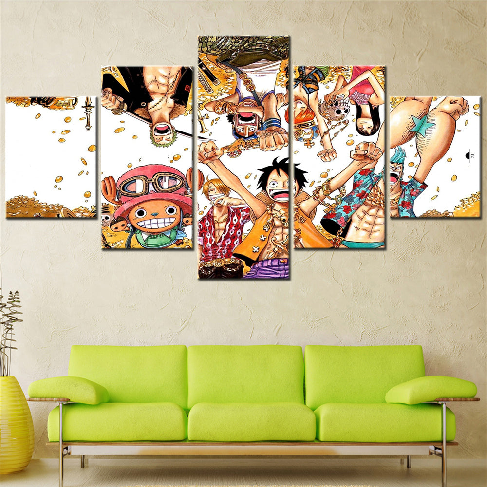 One Piece Canvas Wall Art - Luffy Zoro Sanji Straw Hat Crew 5 Piece Split Panel Anime Poster - Framed Ready to Hang Living Room & Man Cave Decor - OP5128
