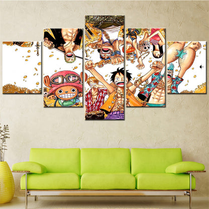 One Piece Canvas Wall Art - Luffy Zoro Sanji Straw Hat Crew 5 Piece Split Panel Anime Poster - Framed Ready to Hang Living Room & Man Cave Decor - OP5128