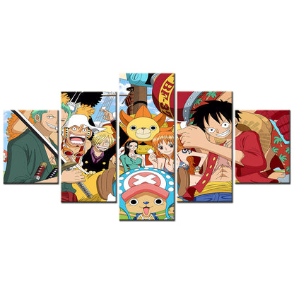 One Piece Canvas Wall Art - Luffy Zoro Sanji Straw Hat Crew 5 Piece Split Panel Anime Poster - Framed Ready to Hang Living Room & Man Cave Decor - OP5129