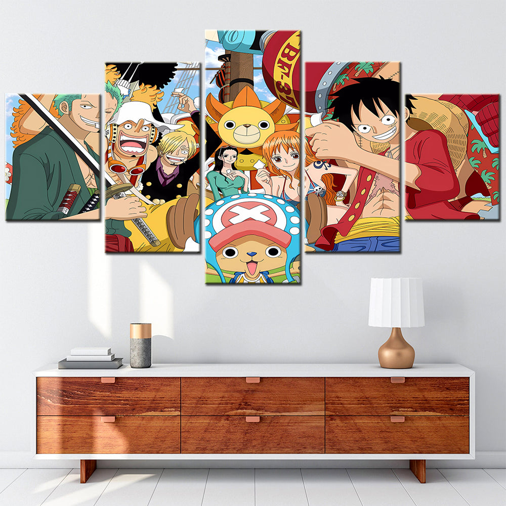 One Piece Canvas Wall Art - Luffy Zoro Sanji Straw Hat Crew 5 Piece Split Panel Anime Poster - Framed Ready to Hang Living Room & Man Cave Decor - OP5129