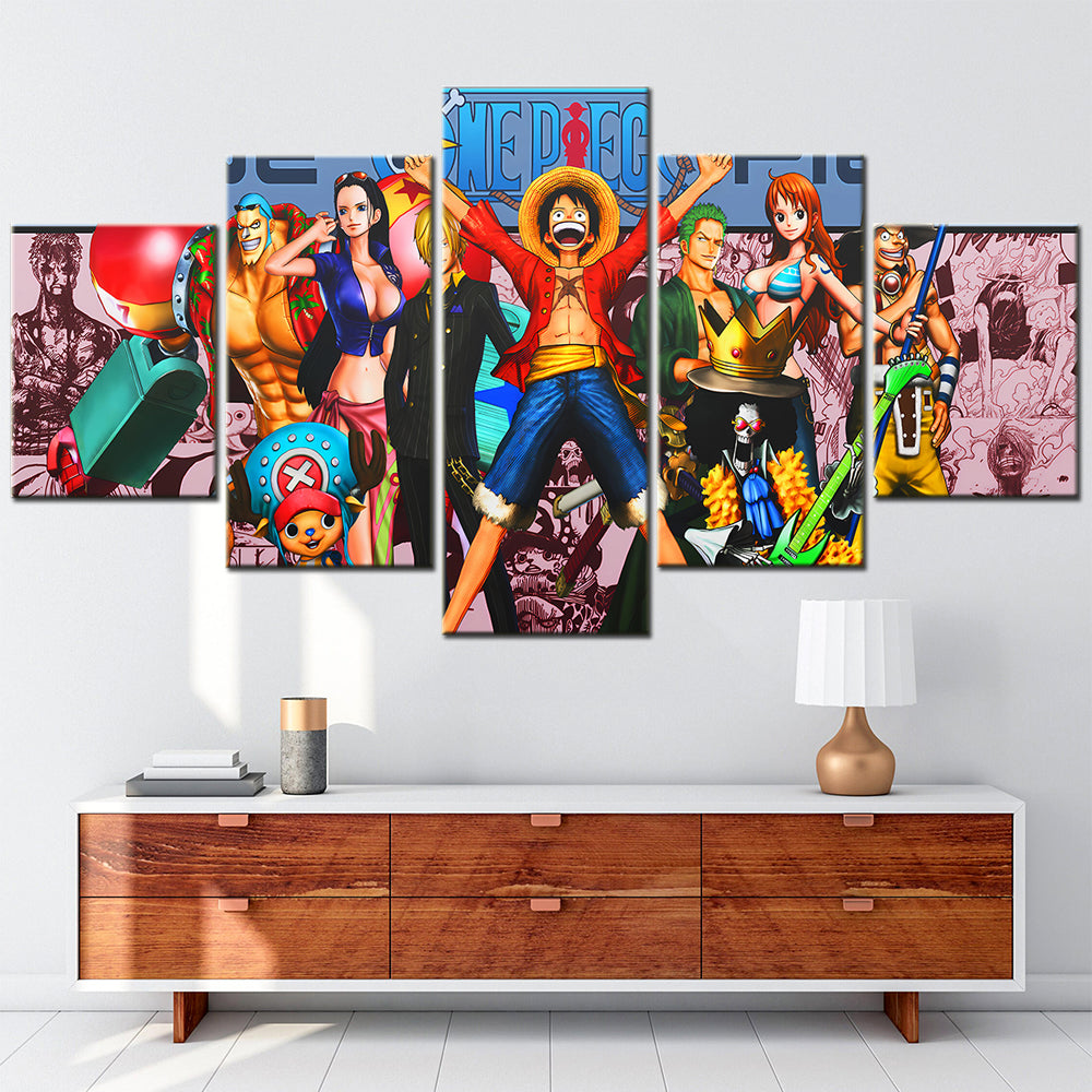 One Piece Canvas Wall Art - Luffy Zoro Sanji Straw Hat Crew 5 Piece Split Panel Anime Poster - Framed Ready to Hang Living Room & Man Cave Decor - OP5130