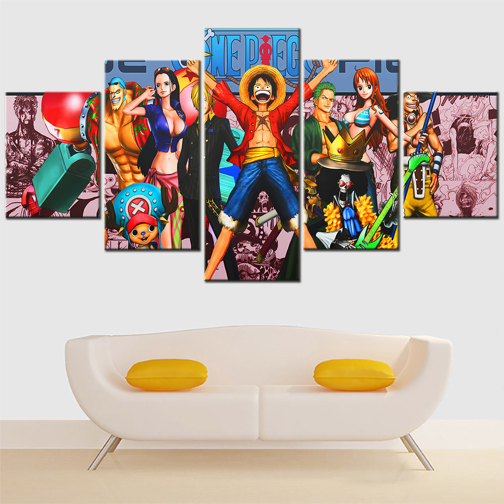 One Piece Canvas Wall Art - Luffy Zoro Sanji Straw Hat Crew 5 Piece Split Panel Anime Poster - Framed Ready to Hang Living Room & Man Cave Decor - OP5130