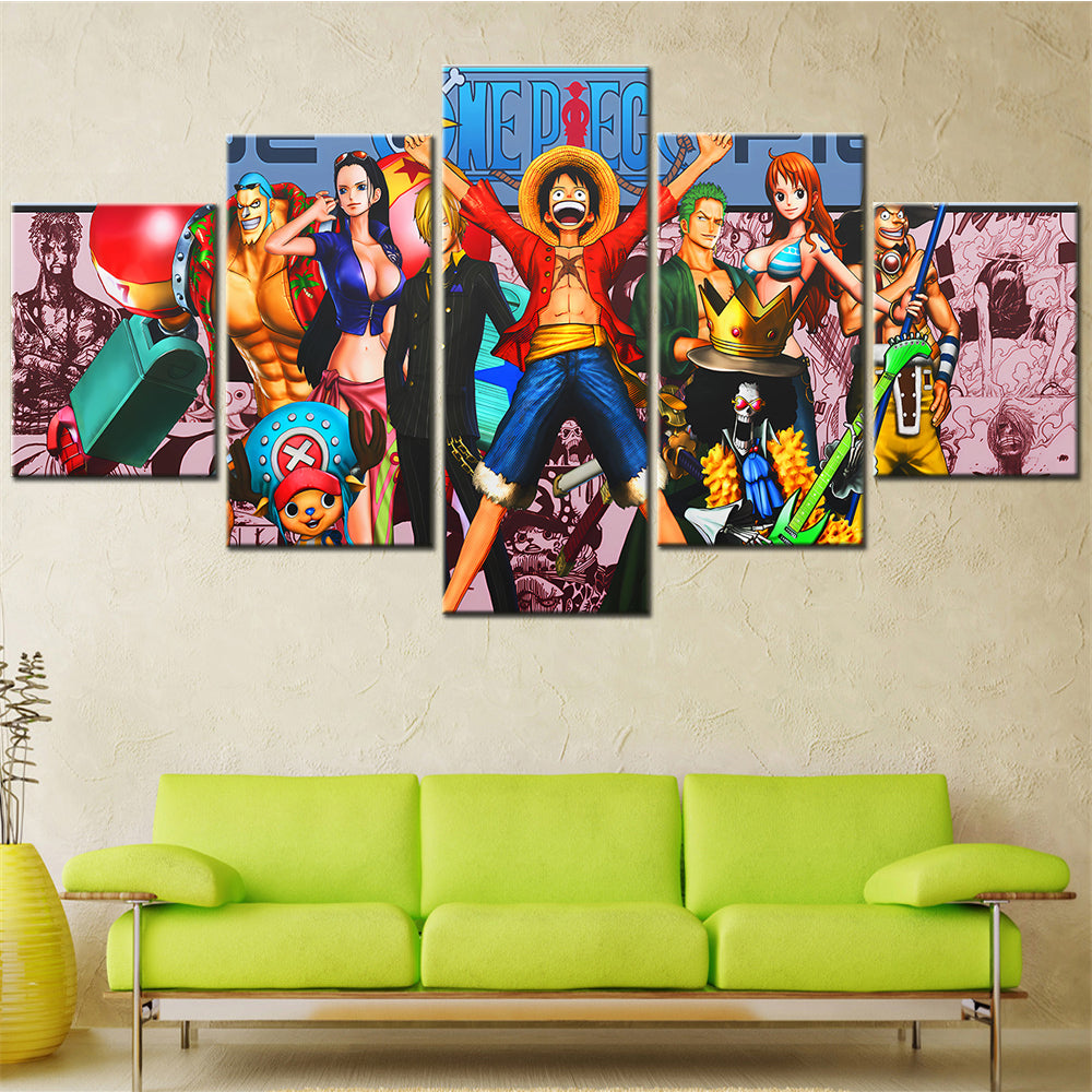 One Piece Canvas Wall Art - Luffy Zoro Sanji Straw Hat Crew 5 Piece Split Panel Anime Poster - Framed Ready to Hang Living Room & Man Cave Decor - OP5130