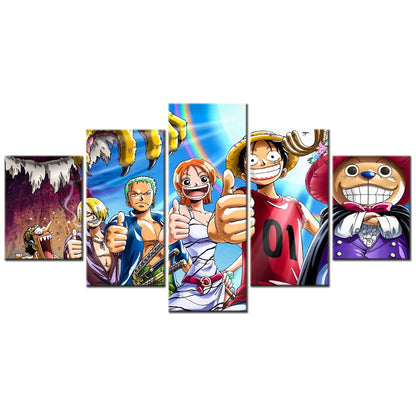 One Piece Canvas Wall Art - Luffy Zoro Sanji Straw Hat Crew 5 Piece Split Panel Anime Poster - Framed Ready to Hang Living Room & Man Cave Decor - OP5132