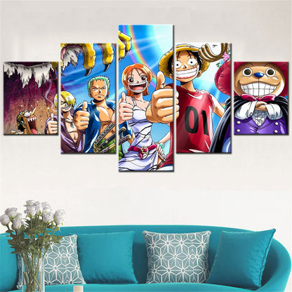 One Piece Canvas Wall Art - Luffy Zoro Sanji Straw Hat Crew 5 Piece Split Panel Anime Poster - Framed Ready to Hang Living Room & Man Cave Decor - OP5132