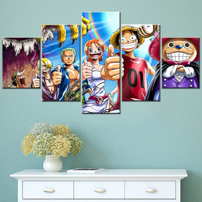 One Piece Canvas Wall Art - Luffy Zoro Sanji Straw Hat Crew 5 Piece Split Panel Anime Poster - Framed Ready to Hang Living Room & Man Cave Decor - OP5132