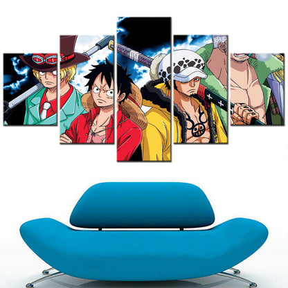 One Piece Canvas Wall Art - Luffy Zoro Law Sabo 5 Piece Split Panel Anime Poster - Framed Ready to Hang Living Room & Man Cave Decor - OP5133