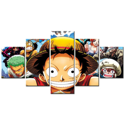One Piece Canvas Wall Art - Luffy Zoro Law Nami Usopp 5 Piece Split Panel Anime Poster - Framed Ready to Hang Living Room & Man Cave Decor - OP5134