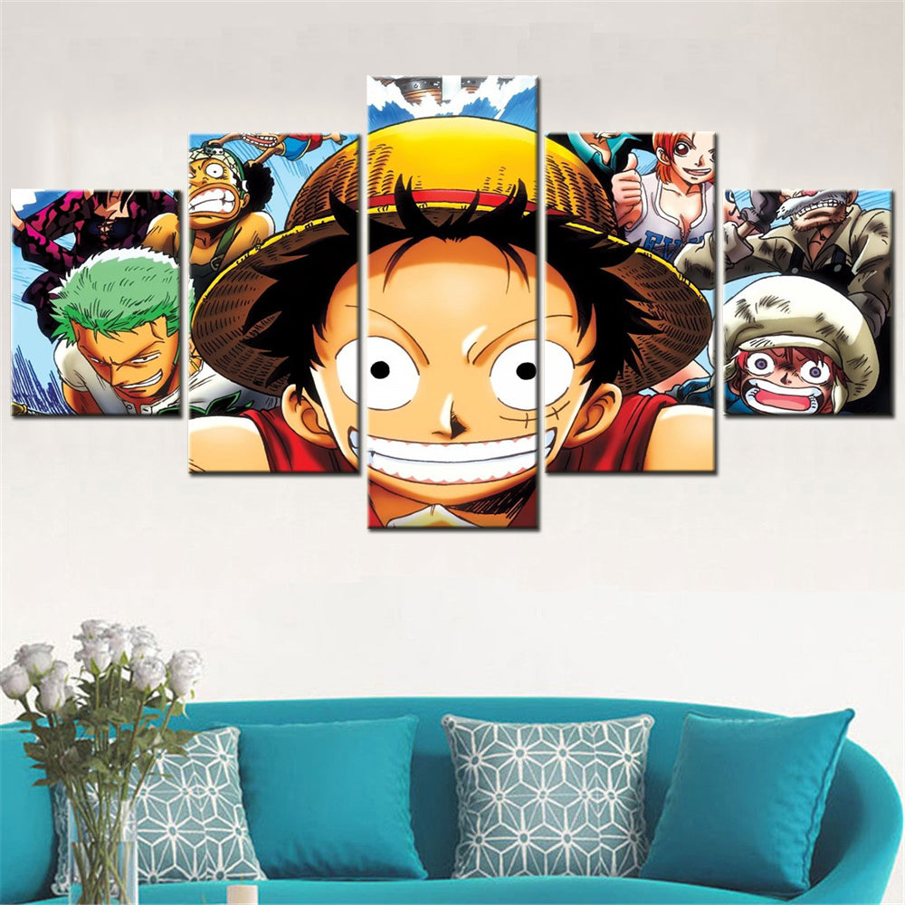 One Piece Canvas Wall Art - Luffy Zoro Law Nami Usopp 5 Piece Split Panel Anime Poster - Framed Ready to Hang Living Room & Man Cave Decor - OP5134