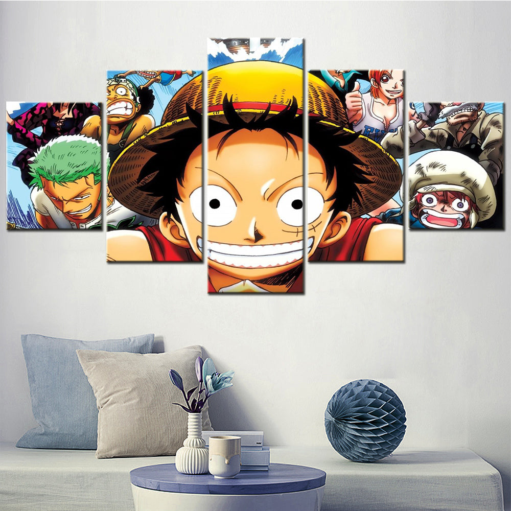 One Piece Canvas Wall Art - Luffy Zoro Law Nami Usopp 5 Piece Split Panel Anime Poster - Framed Ready to Hang Living Room & Man Cave Decor - OP5134