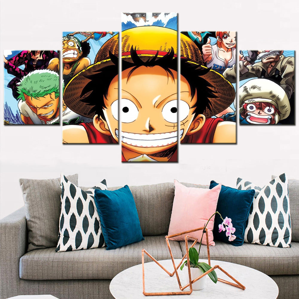 One Piece Canvas Wall Art - Luffy Zoro Law Nami Usopp 5 Piece Split Panel Anime Poster - Framed Ready to Hang Living Room & Man Cave Decor - OP5134