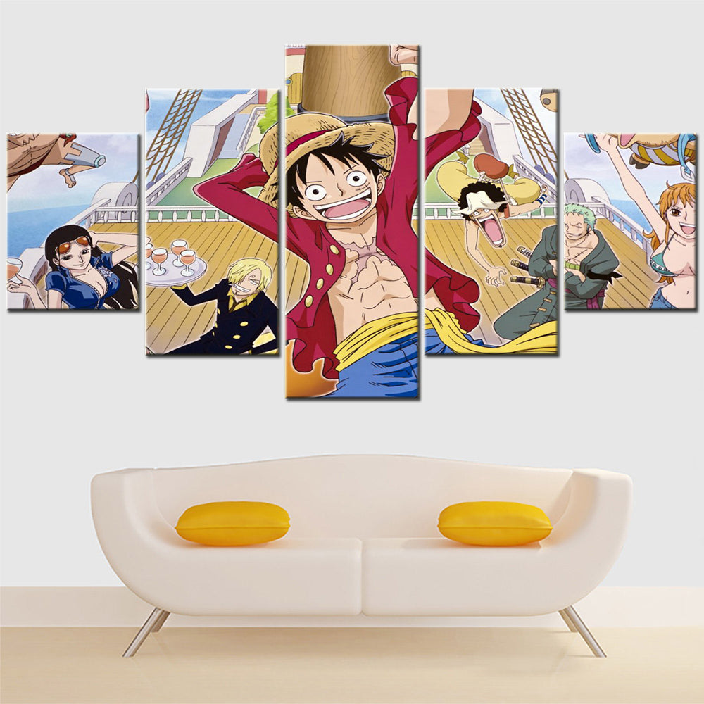 One Piece Canvas Wall Art - Luffy Zoro Sanji Straw Hat Crew 5 Piece Split Panel Anime Poster - Framed Ready to Hang Living Room & Man Cave Decor - OP5135
