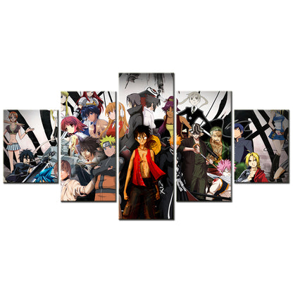 One Piece & Naruto Crossover Canvas Wall Art - Luffy, Zoro, Naruto, Kakashi 5 Piece Split Panel Anime Poster - Framed Ready to Hang Living Room & Man Cave Decor - OP5136