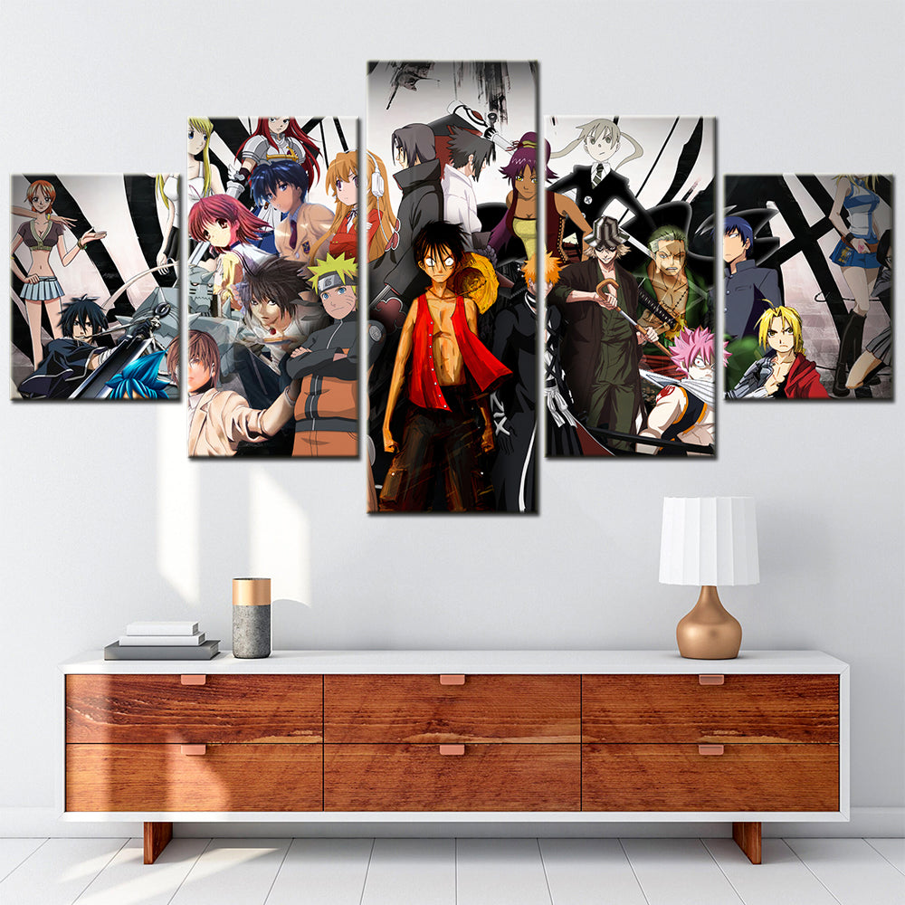 One Piece & Naruto Crossover Canvas Wall Art - Luffy, Zoro, Naruto, Kakashi 5 Piece Split Panel Anime Poster - Framed Ready to Hang Living Room & Man Cave Decor - OP5136