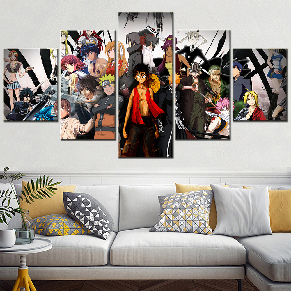 One Piece & Naruto Crossover Canvas Wall Art - Luffy, Zoro, Naruto, Kakashi 5 Piece Split Panel Anime Poster - Framed Ready to Hang Living Room & Man Cave Decor - OP5136