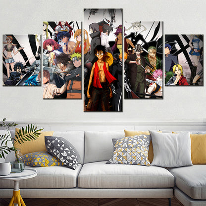 One Piece & Naruto Crossover Canvas Wall Art - Luffy, Zoro, Naruto, Kakashi 5 Piece Split Panel Anime Poster - Framed Ready to Hang Living Room & Man Cave Decor - OP5136