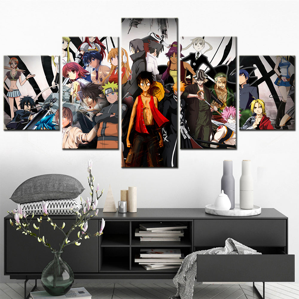 One Piece & Naruto Crossover Canvas Wall Art - Luffy, Zoro, Naruto, Kakashi 5 Piece Split Panel Anime Poster - Framed Ready to Hang Living Room & Man Cave Decor - OP5136