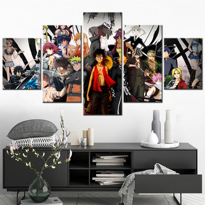 One Piece & Naruto Crossover Canvas Wall Art - Luffy, Zoro, Naruto, Kakashi 5 Piece Split Panel Anime Poster - Framed Ready to Hang Living Room & Man Cave Decor - OP5136
