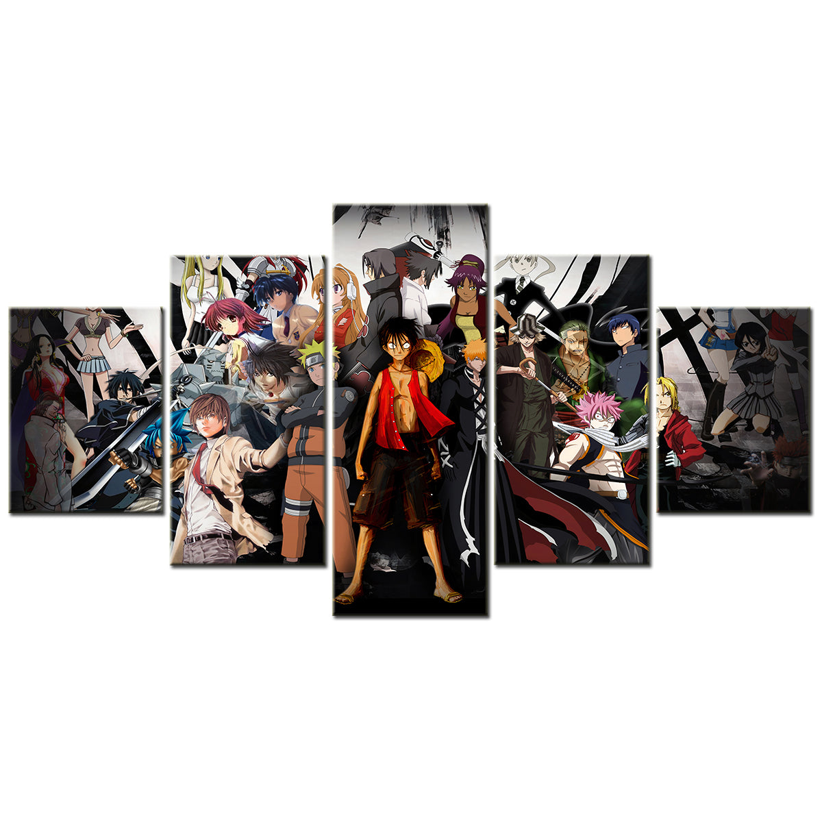 One Piece & Naruto Crossover Canvas Wall Art - Luffy, Zoro, Naruto, Kakashi 5 Piece Split Panel Anime Poster - Framed Ready to Hang Living Room & Man Cave Deco - OP5137