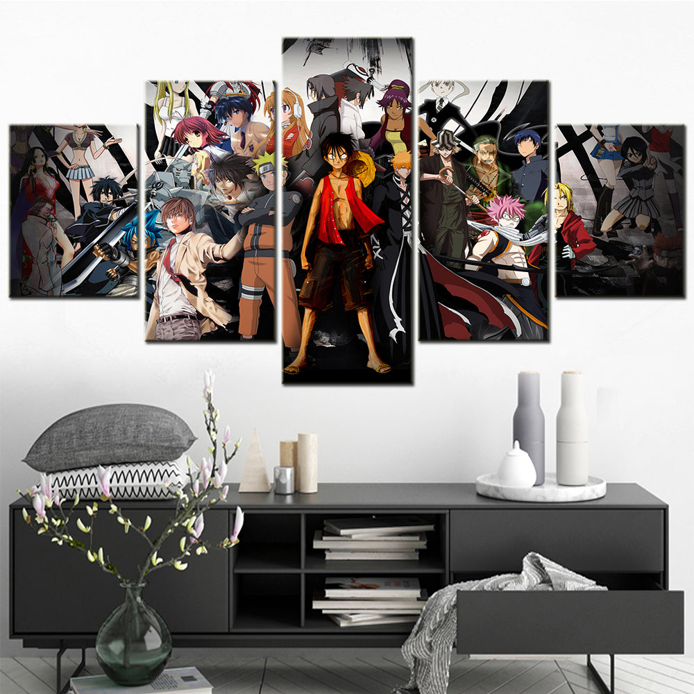 One Piece & Naruto Crossover Canvas Wall Art - Luffy, Zoro, Naruto, Kakashi 5 Piece Split Panel Anime Poster - Framed Ready to Hang Living Room & Man Cave Deco - OP5137