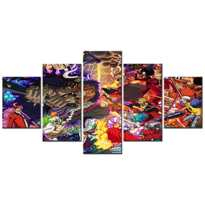 One Piece Wano Arc Canvas Wall Art - Luffy Zoro Sanji Straw Hat Crew vs Kaido 5 Piece Split Panel Anime Poster - Framed Ready to Hang Living Room & Man Cave Decor - OP5138